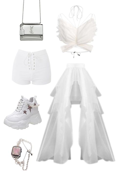 white, butterfly croptop, outfit ideas, inspo, long dress, cute and dreamy, starry shoes, handbag, shorts Butterfly Themed Outfits, White Outfits Concert, Croptop Outfit Ideas, Butterfly Shorts Outfit, Starry Shoes, White Kpop Outfit, Butterfly Outfit Aesthetic, Cute Grunge Outfits, Seventeen Concert