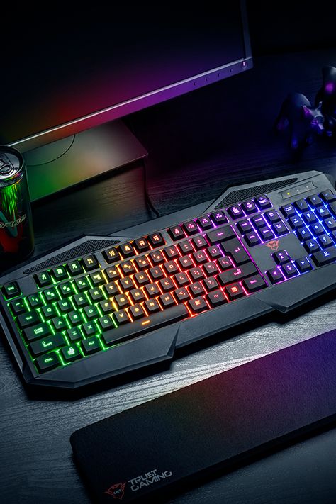 Gaming keyboard with full size layout, Rainbow Wave illumination and 12 multimedia keys Rainbow Keyboard, Best Gaming Setup, Keyboard Gaming, Computer Gaming Room, Video Game Room Design, Best Gaming Wallpapers, Video Game Rooms, New Technology Gadgets, Gaming Room Setup