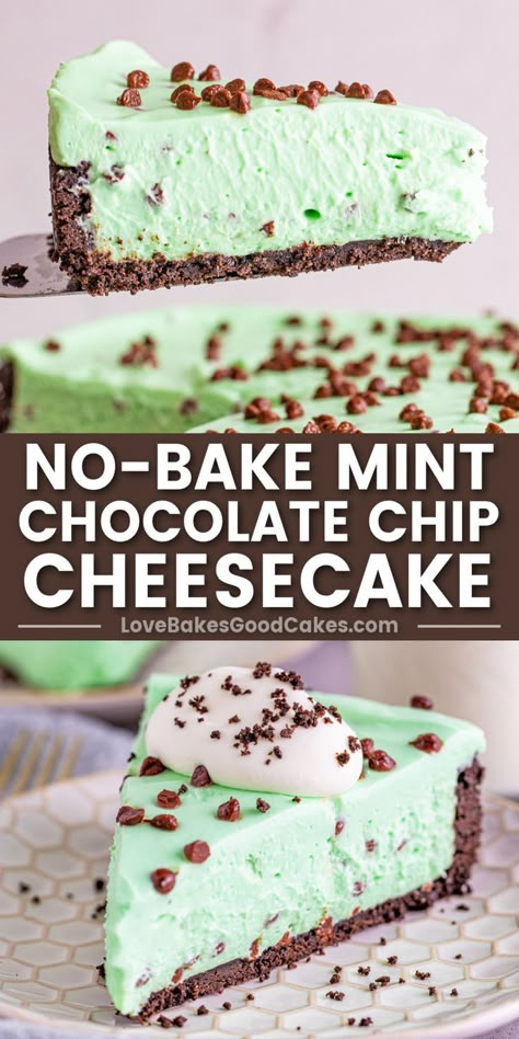 No-Bake Mint Chocolate Chip Cheesecake pin collage Chocolate Mint Cheesecake Bars, Mint Chocolate Chip Dessert Recipes, Mint Chocolate Cheesecake Recipes, Mint Choc Chip Cake, Mint Chocolate Chip Ice Cream Cake Easy, Fun Cheesecake, Mint Chocolate Chip Cheesecake, Flavored Cheesecake, Fun Cheesecake Recipes