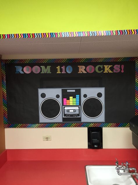 Boom box bulletin board Boom Box Bulletin Board, Band Bulletin Board Ideas, Rockstar Bulletin Board Ideas, 80s Themed Bulletin Board, Hip Hop Bulletin Board Ideas, 90s Bulletin Board Ideas, Rock N Roll Bulletin Board Ideas, 90s Theme Bulletin Board, 80s Bulletin Board Ideas