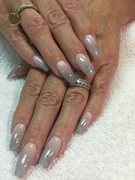 Silver Ombre Nails Coffin, Gray Glitter Ombre Nails, Gray Tips Nails, Grey Glitter Ombre Nails, Gray Ombré Nails, Gray Tip Nails, Grey And White Ombre Nails, Ombre Grey Nails, Grey Tip Nails