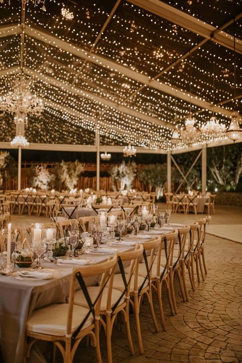 Wedding Venues With Lights, Wedding Venue Floral Ceiling, Night Tent Wedding, White And Lights Wedding, Wedding Venue With Lights, Boho Wedding Fairy Lights, Wedding Venues Tent, Outside Venue Wedding, Tent Wedding Venue Ideas