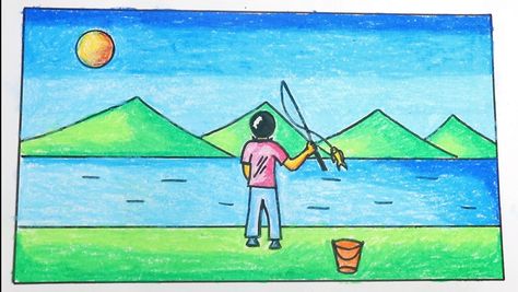 Fishing drawing | How to draw fishing scenery drawing Drawing Step By Step Easy, Fishing Drawing, Draw Scenery, Memory Drawing, Scenery Drawing, Study Cards, Drawing Step By Step, Drawing Step, Madhubani Art