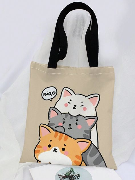 Cartoon Cute Cat Pattern Single Shoulder Canvas Bag | SHEIN USA Handpainted Bags, Cats Tote Bag, Fun Crafts To Do, Cat Tote, Cat Bag, Small Tote Bag, Clothes Sewing Patterns, Canvas Shoulder Bag, Cat Pattern