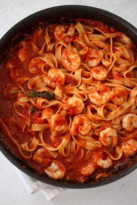 Shrimp Arrabbiata (Super Garlicky and Spicy) - Cooked by Julie Arrabbiata Pasta, Shrimp Linguine, Tagliatelle Pasta, Cheesy Garlic Bread, How To Peel Tomatoes, Frozen Shrimp, Spicy Dishes, Big Salad, Shrimp Pasta Recipes