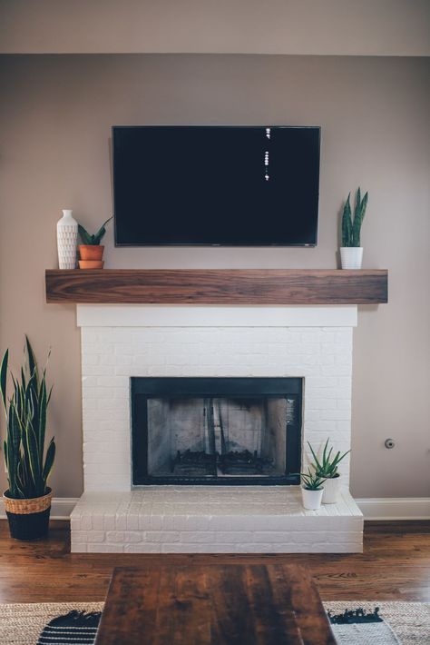 Fireplace Remodel Diy, Walnut Mantel, Mantel Diy, Fireplace Modern, White Brick Fireplace, Simple Paint, Fireplace Redo, Diy Mantel, Simple Paintings