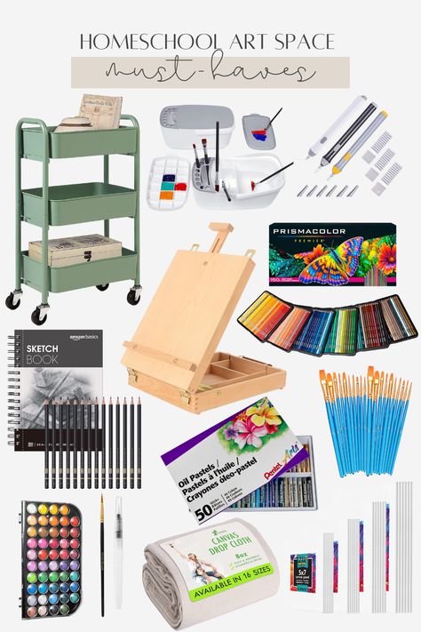 A collage of items for a homeschool art space.

Products feature a green three-drawer bin, a paintbrush cleaning set, an automatic fine-tip eraser, a tabletop easel, a sketch pad and graphite pencils, watercolor paints, a drop canvas, a pack of four sizes of canvas boards, paintbrushes, and Prismacolor colored pencils.

All items are budget-friendly and can be found easily on my Amazon shop. Organisation, Things That Artists Need, Painting Items Products, Drawing Supplies For Beginners, Amazon Art Must Haves, Art Supplies Must Have, Art Supplies Every Artist Needs, Drawing Supplies Organization, Art Teacher Must Haves