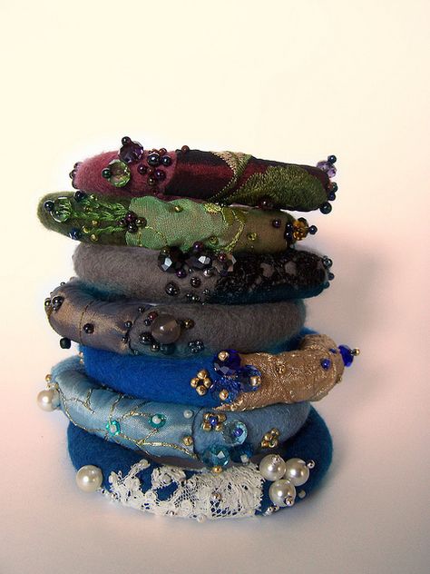 Felted bracelets | Flickr - Photo Sharing! Felt Bracelet, Fiber Art Jewelry, Felt Necklace, Felt Beads, Fabric Bracelets, Mixed Media Jewelry, Felt Jewelry, Fiber Jewelry, Textile Jewelry