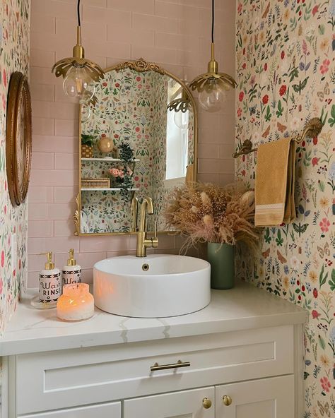 Swipe to see the before vs after! The wallpaper made such a huge difference in this space! I feel like it’s giving cozy foresty vibes… | Instagram Bathroom Remodel Pink, Tiny Bathroom, Home Diy Projects, Barbie Dream House, Dream Apartment, The Wallpaper, Dream House Interior, Dream Bathroom, Bathroom Colors