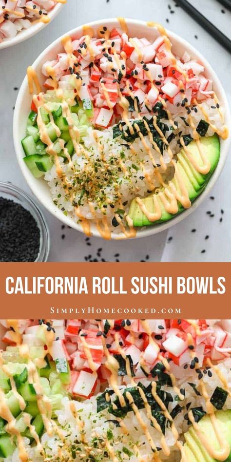 California Roll Stack Recipe, Lazy California Roll, Crunchy Roll Bowl, Cali Roll Bowl, Cold Sushi Bowl, California Roll Poke Bowl, Simple Sushi Bowl, California Roll Bowl Recipe, California Roll Dip