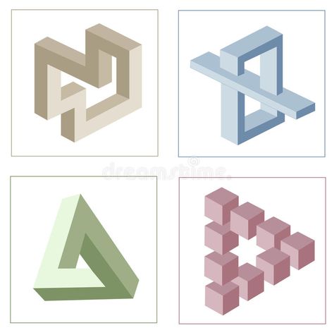 Different optical illusions of impossible objects. Different multicolored optical illusions of unreal geometrical objects vector stock illustration Impossible Objects, Solid Figures, Impossible Shapes, Art Deco Artwork, Isometric Drawing, Cool Optical Illusions, Platonic Solid, Mirror Artwork, Math Art