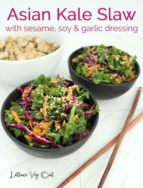 Kale Slaw Recipe, Soy Salad Dressing, Asian Kale Salad, Asian Kale, Slaw Salad, Salad Recipes Gluten Free, Soy Ginger, Kale Slaw, Sesame Ginger Dressing