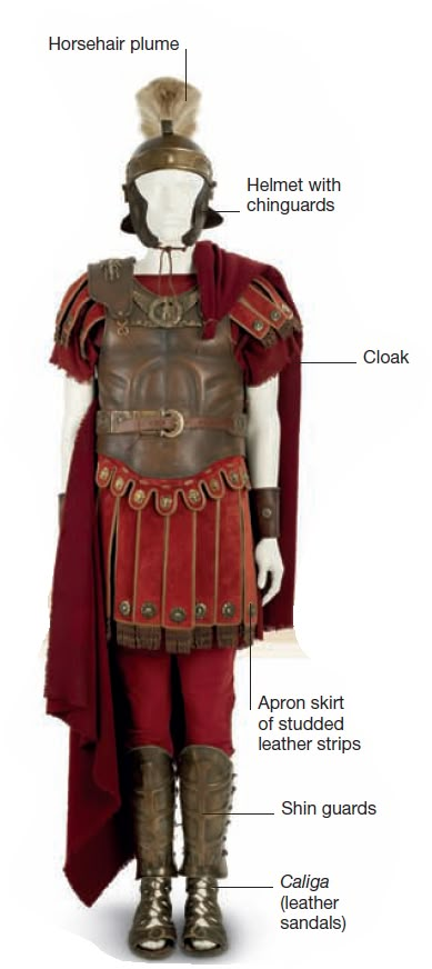 Roman soldier Wearing a leather cuirass, this reconstructed legionary has a metal helmet and shinguards to protect him in battle. His wool cloak was also a blanket. Roman Army Soldiers, Ancient Rome Armor, Julius Caesar Costume Diy, Roman Soldiers Costume, Roman Leather Armor, Roman Soldier Painting, Ancient Roman Armor, Roman Warrior Costume, Roman Soldier Aesthetic