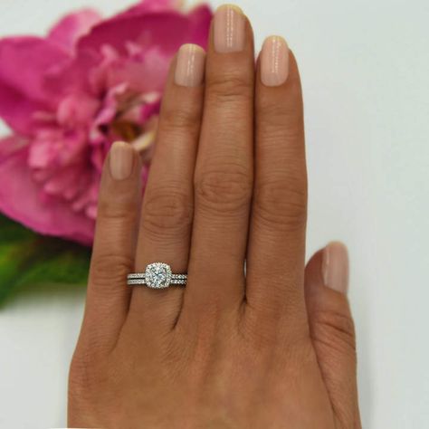 Etsy 3/4 ctw Classic Square Halo Bridal Set, Round Engagement Ring, Man Made Diamond Simulant, Half Etern Pink Wedding Rings, Halo Bridal Set, Square Engagement Rings, Round Engagement Ring, Ring Man, Future Engagement Rings, Half Eternity Wedding Band, Classic Wedding Rings, Wedding Rings Halo