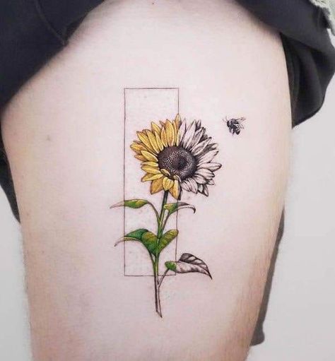 Sunflower Colour Tattoo, Sunflower Colored Tattoo, Sunflower With A Bee Tattoo, Man Sunflower Tattoo, Sunflower Tattoo Ideas For Women, Colourful Tattoo Ideas For Men, Coloured Tattoos Men, Men Sunflower Tattoo, Mens Sunflower Tattoo