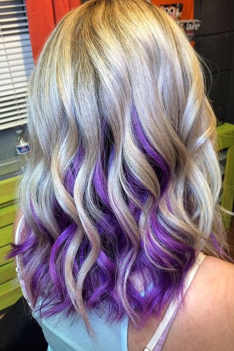 44 Peekaboo Highlights Ideas for Any Hair Color Blonde Hair With Dyed Underneath, Blonde Hair With Fun Colors, Dark Purple Hair With Blonde, Colourful Hair Ideas For Blondes, Purple And Blonde Hair, Blonde And Purple Hair, Purple Underneath Hair, Purple Peekaboo Hair, Blonde And Purple