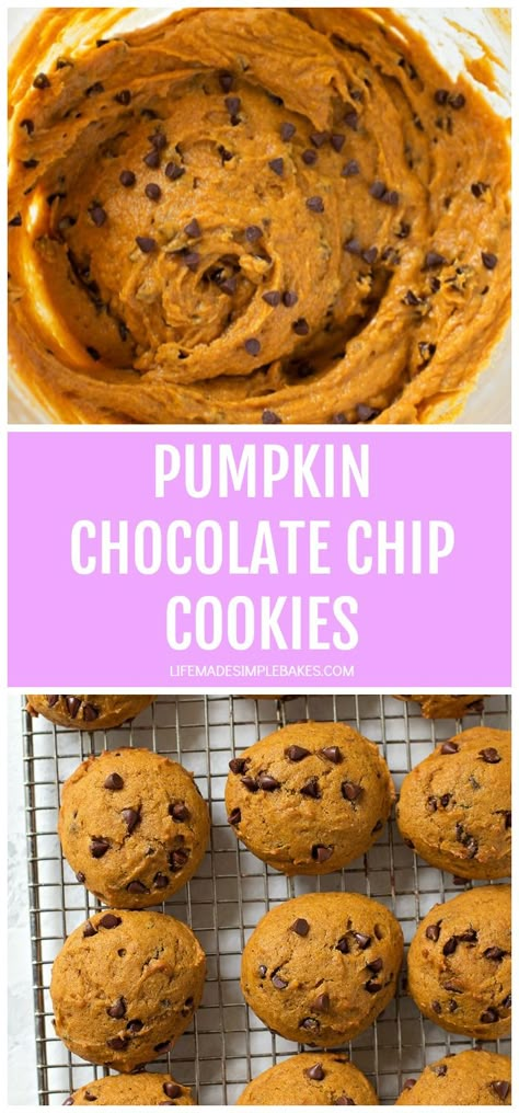 These copycat Harmons pumpkin chocolate chip cookies are a fall favorite. They're soft, thick and studded with mini chocolate chips. #pumpkincookies #pumpkinrecipes #pumpkin #pumpkinchocolatechipcookies #chocolatechipcookies Pumpkin Chocolate Chip Cookies Easy, Vegan Pumpkin Chocolate Chip Cookies, Pumpkin Cookies Healthy, House Pumpkin, Turkey And Stuffing, Life Made Simple, Healthy Chocolate Chip, Pumpkin Chocolate Chip Cookies, Pumpkin Chocolate Chip