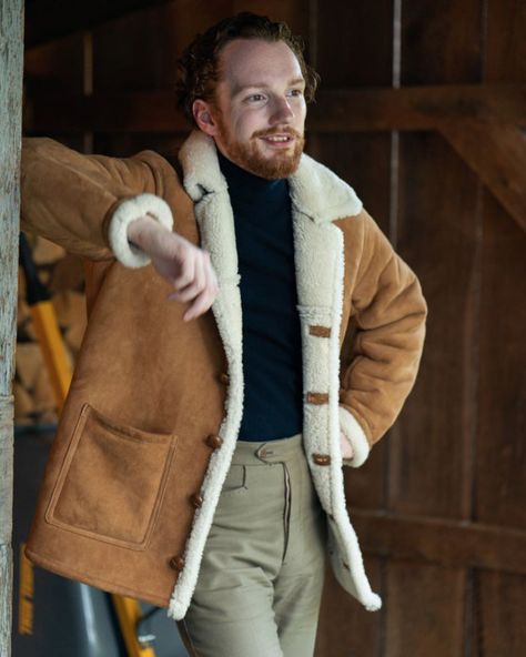 When it comes to outerwear, few styles come pre-loaded with as much meaning as a shearling. Not too long ago, the mere mention of it evoked images of the Marlboro Man. Those long, bulky, no-nonsense coats that have patchwork seams running up-and-down the back, and tufts of wool peeking out from beneath the cuffs. The [...]Read More... Shearling Jacket Outfit, Best Leather Jackets, Sheepskin Throw, Engineer Boots, Leather Company, Jackets Winter, Upstate Ny, Wool Turtleneck, How To Wear Scarves