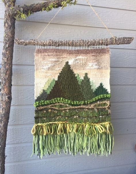 Mountains Cabin, Wall Hanging Textile, Mossy Forest, Weaving Loom Diy, Weaving Loom Projects, Weaving Wall Hanging, Cabin Art, Weaving Tutorial, Crochet Wall Hangings