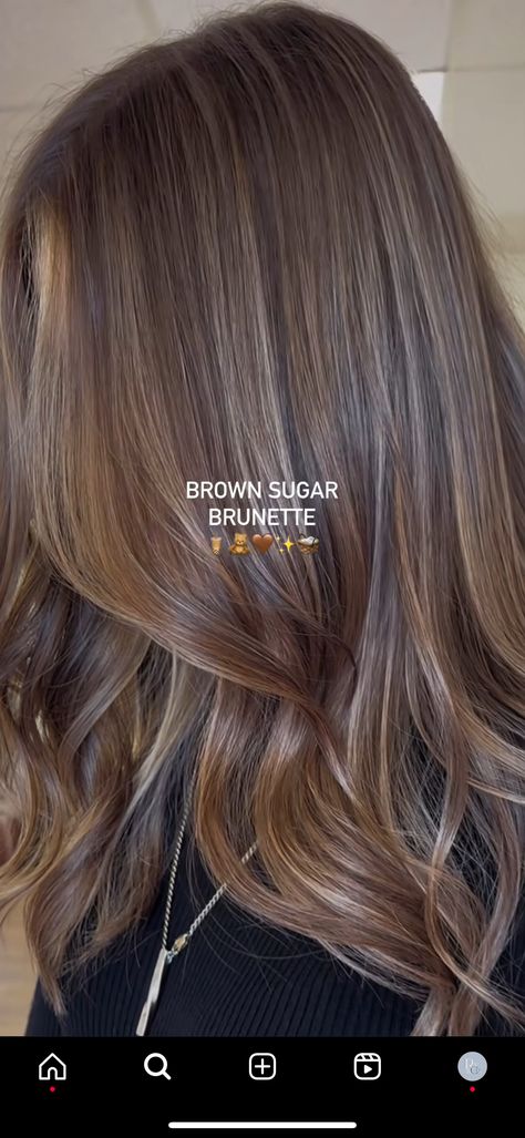 Brown Sugar Brown Hair, Brown Shades Of Hair Color, Blue Eyes Neutral Skin Hair, Brown Sugar Highlights On Dark Hair, Hair Color Ideas For Brunettes Cool Tone, Brunette Hair Inspo 2024, Medium Light Brown Hair Color Ideas, Chocolate Brown Hair Lowlights, Cool Brown Hair Color With Highlights