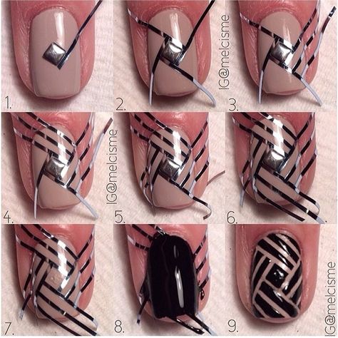 “💁 TBT Tutorial Time! 1. Apply a ♢ stud to the center of the nail & place your first piece of tape. 2. → 6. Continue to apply the tape as shown. 7. Pop…” Heart Nails Tutorial, Tape Nail Art, Diy Tape, Nail Tape, Geometric Nail, Striped Nails, Diy Nail Designs, Manicures Designs, Simple Nail Designs