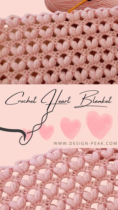 Crochet Heart Stitch Blanket – Let’s Learn Different Crochet Stitches Blankets, Crochet Heart Stitch Pattern, 2 Color Crochet Stitches, Puff Heart Crochet, Verigated Yarn Projects, Crochet Blanket Border Ideas, Baby Scarf Crochet, Decorative Crochet Stitches, Crochet Blanket Edges Ideas