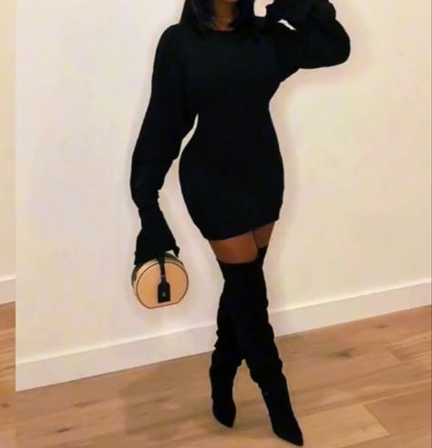 Sweater Dress With Over The Knee Boots, Knee High Boots Birthday Outfit, Black Sweater Dress Heels, Long Sleeve Bodycon Sweater Dress For Date Night, Sweater Dress Outfit Black Women, Dress With Fishnets, Fitted Black Mini Sweater Dress, Black Over Knee Boots, Black High Neck Bodycon Sweater Dress