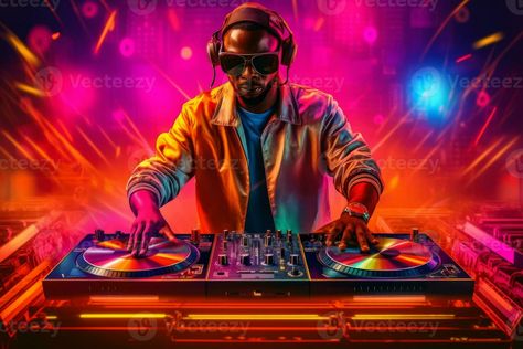 A DJ mixing music on a vintage DJ setup, complete with turntables, mixers, and colorful disco lights, capturing the energetic atmosphere of eighties parties. Generative AI Eighties Party, Mixing Music, Dj Mixing, Dj Setup, Disco Lights, Pop Music, Turntable, Dj, Stock Photos