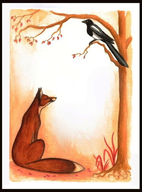 Fox And Crow Drawing, Cunning Fox, Crows Drawing, Friendly Fox, Aesop's Fables, Fox Drawing, Story Drawing, Fox Squirrel, Animal Illustration Art