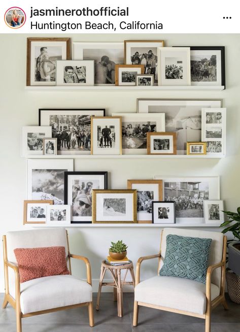 How To Display Pictures In Living Room, Picture Shelf Gallery Wall, Gallery Wall Layout Shelves, Bookcase Picture Display, Shelf Decor Living Room Pictures, Styling A Photo Ledge, Floating Shelves With Pictures Living Room, Photo Wall With Floating Shelves, Wall Shelves For Pictures Display