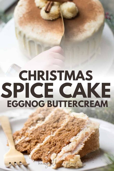 Perfect holiday cake! Three layers of ultra moist spice cake cloaked in fluffy eggnog buttercream frosting topped with sweet white chocolate ganache. Homemade spice cake is the perfect pairing for sweet frosting. This Christmas spice cake is sure to impress the lucky guests who eat it! #spicecake #Christmascake #holidays #christmasdesserts #eggnog #buttercream Spice Cake With Eggnog Frosting, Spice Cake Eggnog Buttercream, Christmas Spice Cake, Homemade Spice Cake, Eggnog Buttercream, Moist Spice Cake, Pumpkin Buttercream, Eggnog Cake, Creamy Eggnog