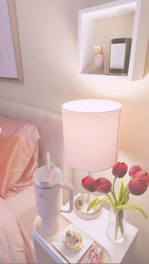 Coquette Nightstand Aesthetic, Coquette Bedside Table Aesthetic, Pink Bedside Table Decor, Pink Nightstand Decor, Coquette Bedside Table, Coquette Nightstand, Pink Night Stand, Aesthetic Night Stand, Light Pink Room Aesthetic