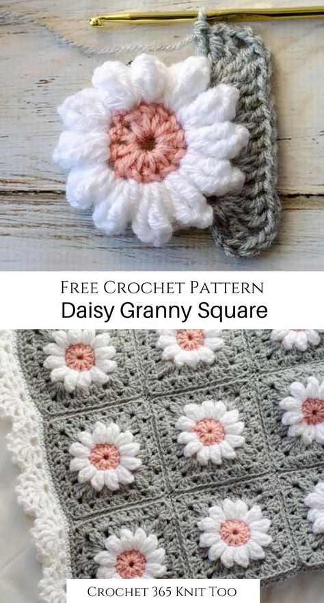 There are so many fun things to make with this crochet daisy granny square! #crochet #crochet365knittoo #crochetpattern #freecrochetpattern #crochetgrannysquare #grannysquare Easy Flower Granny Square Crochet, Crochet Diagram Granny Squares, Daisy Granny Square Diagram, Puff Daisy Granny Square, Daisy Granny Square Pattern Tutorials, Easy Daisy Granny Square, Daisy Crochet Granny Square Pattern Free, Daisy Crochet Granny Square Pattern, Easy Crochet Flower Blanket