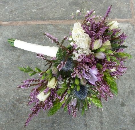 Beautiful Brides Bouquet created with Spray Roses, Freesia, Eryngium, Gypsophilia, Chincherinchee and Heather. Thistle Bouquet Wedding, Thistle Bouquet, Scottish Flowers, Thistle Wedding, Heather Flower, Floristry Design, Violet Wedding, Scottish Wedding, Spray Roses