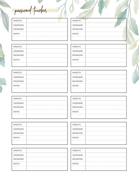 Goodnotes Password Template, Password Keeper Template, Password Tracker Template, Tracker Template Free Printables, Bullet Journal Password Page, Study Tracker Free Printable, Journalling Printable, Free Journal Printables, Budget Planner Printable Free