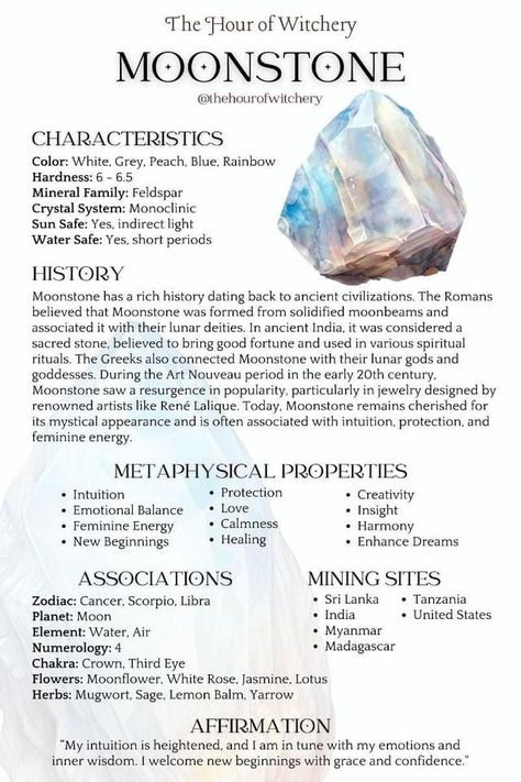 Crystal Properties Chart, Moonstone Meaning Crystal Healing, Crystals And Meanings, Moonstone Crystal Meaning, Moon Stone Crystal, Crystals Astrology, Moon Stone Meaning, Energy Stones Crystal Healing, Moonstone Meaning