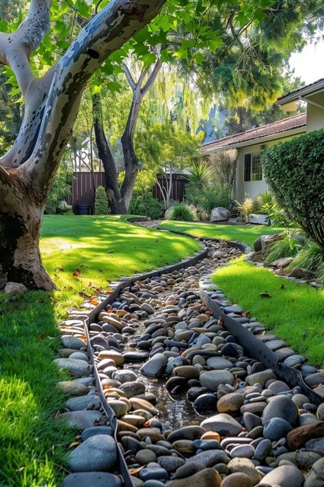 Transform your yard with innovative drainage ditch ideas that blend efficiency and style. Explore DIY options and landscaping tips for water management. Backyard Ditch Landscaping, Landscape Drainage Ditch, Landscape Ideas For Water Drainage, Landscaping Water Drainage, Diy Water Drainage Landscaping, Backyard Water Drainage Ideas, Diy Drainage Ditch Landscaping, Stone Drainage Ideas, Riverbed Drainage