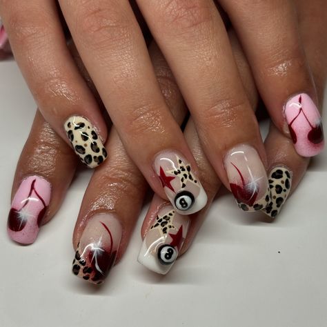 sooo slayyy 💅🏾🐆🍒💕🤍🎱 #nailart #naturalnails #naturalnailart #westlondonnails #westlondonnailtech #nailinspo Odd Nail Designs, Messy Nails, Detail Nail Art, Nail Short Nails, Messy Theme, Euphoria Nails, Vegas Nails, Themed Nails, Makeup Nails Art