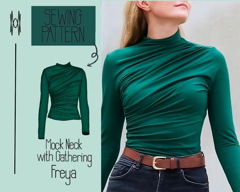 Diy Turtleneck Shirt, Mock Neck Top Pattern, High Neck Sewing Pattern, Long Sleeve Sewing Pattern Free, Sweater Pattern Sewing, Long Sleeve Sewing Pattern, Winter Sewing Patterns, T Shirt Reconstruction, Long Sleeve Shirt Pattern