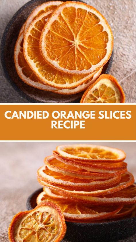 Candied Orange Slices recipe made of fresh oranges, sugar, and water creates a deliciously sweet treat this recipe serves 28 and takes about 2 hours to prepare and cook, making it a perfect addition to desserts or snacks. Dehydrated Orange Slices Dipped In Chocolate, Sugared Citrus Slices, Dehydrated Candied Orange Slices, What To Do With Extra Oranges, Sugared Orange Slices, Bake Orange Slices, Candies Oranges, Fresh Orange Desserts, Chocolate Covered Orange