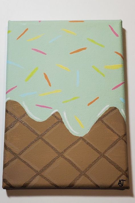 Easy Ice Cream Painting, Acrylic Painting Ice Cream, Things To Paint Mini Canvas, Easy Cute Canvas Art, Ice Cream Cone Painting Acrylic, Ice Cream Painting On Canvas, Painting Ideas On Canvas Rectangle, Canvas Ideas Aesthetic Easy, Cute Easy Paintings On Paper