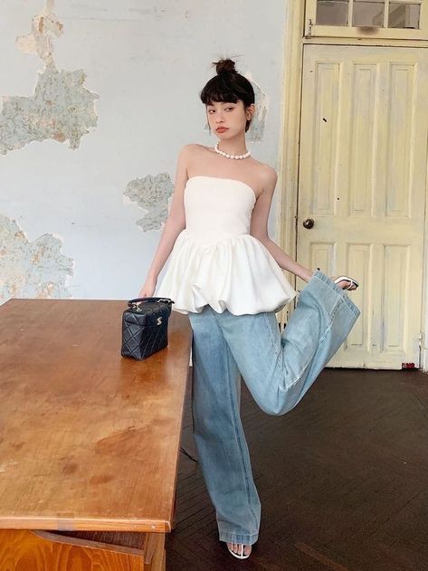 Tube And Pants Outfit, Casual A Line Skirt Outfit, Styling Peplum Top, Denim With White Top, Cute Tops To Wear With Skirts, Satin Peplum Top, Cute Satin Tops, Peplum Tube Top Outfit, Pants With Skirt Outfit