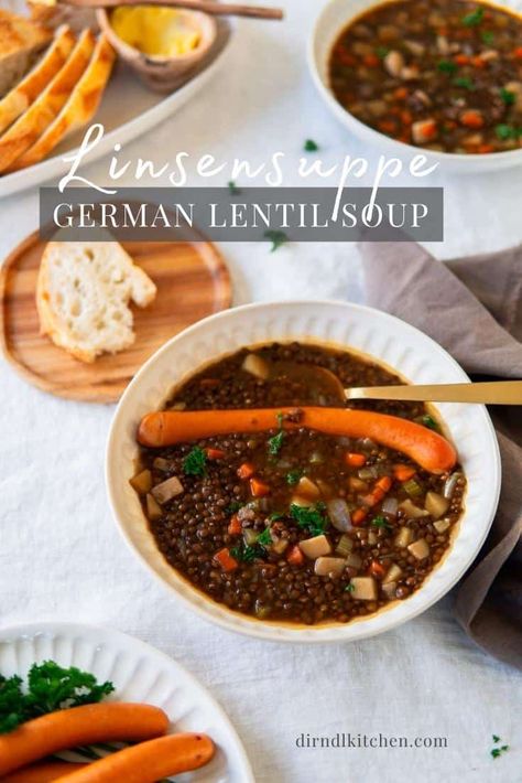 German Lentil Soup (Linsensuppe) German Lentil Soup Recipe, German Lentil Soup, Vegetarian Lentil Soup, Austrian Food, Lentil Soup Recipe, Dried Lentils, Cold Weather Food, Austrian Recipes, Lentil Soup Recipes