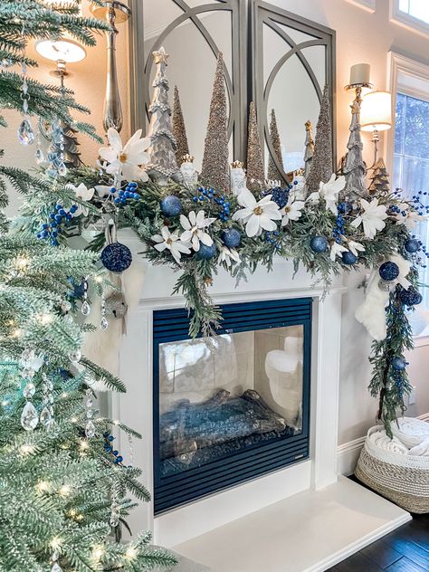 White And Navy Christmas Decor, Navy Blue Fireplace Christmas Decor, Blue Themed Christmas Decor, Blue Grey White Christmas Decor, Frosty Blue Christmas Decor, Blue Christmas Fireplace Decor, Deep Blue Christmas Decor, Navy Blue Christmas Mantle Decor, Blue And Gray Christmas Decor