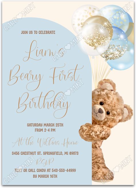 Quickly personalize. Includes matching thank you card.   Host a successful birthday party starting with this peek-a-boo teddy bear blue invite!   You can edit this product yourself, during and/or after purchase. Print or send as an Evite.  Image watermarks will be removed after purchase.  The dimensions are 5"x7". Invite Birthday Card, First Birthday Boy Invitation Card, 1st Bday Invitation Cards, 1st Birthday Invitation Card Ideas, First Baby Boy Birthday Themes, Baby Boy Birthday Themes First, Teddy Bear Theme Party 1st Birthdays, 1st Birthday Boy Invitations, Kids Invitations Birthday