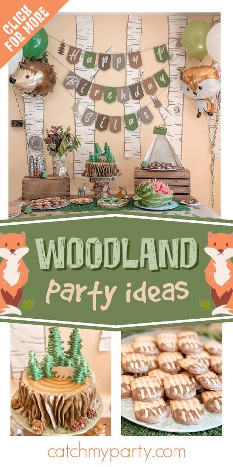 Woodland Themed Birthday Party Decorations, Wild One Birthday Party Forest, Forest Animal Party Ideas, Forest Animal Theme Party, Woodland Animal Themed Birthday Party, Woodland Party Theme 1st Birthdays, Woodland Second Birthday, Nature 1st Birthday Party, Woodland Birthday Party Backdrop