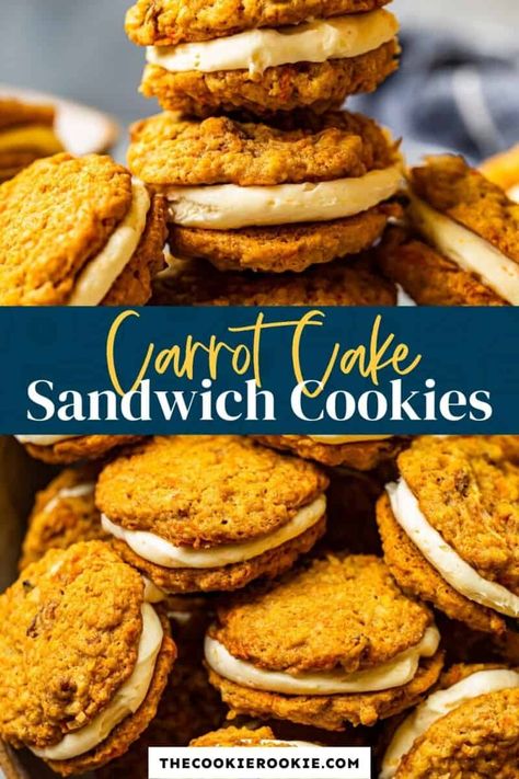 Carrot Cake Sandwich Cookies, Cookies With Cream Cheese Frosting, Cookies With Cream Cheese, Cake Sandwich, Carrot Cake Cookies, Cookie Sandwiches, Cake Cookie, Crinkle Cookies, Carrot Cake Recipe