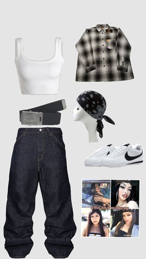 #chicana outfit #gangsta #loca Chola Style Outfits, Chola Outfit, Chicana Style Outfits, Street Style Outfits Casual, Chola Style, Estilo Cholo, Latina Outfit, Chicana Style, Rapper Outfits