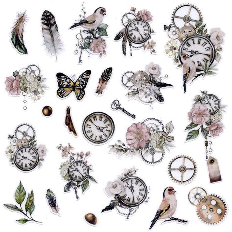 PRICES MAY VARY. Unique Stickers: this beautiful stickers set contains 25 different watercolor antique clock designs with pretty floral blossoms and birds. The size for each stickers vary from 1" to 2.5". Pretty Designs: this creative stickers pack illustrates the old school style pocket watch, the delicate gears, rose and peony, birds and feathers, butterflies and keys, all in the same vintage vibe. Massive Usage: The precut stickers can help you design your daily life planner, decorate journal Decorate Journal, Vibe Stickers, Bird Clock, Scrapbook Notebook, Diy Planner Stickers, Flower Planner, Creative Stickers, Flower Clock, Unique Stickers