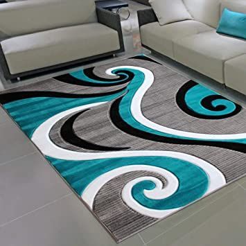 Masada Rugs, Sophia Collection Hand Carved Area Rug Modern Contemporary Turquoise White Grey Black (8 Feet X 10 Feet) Living Room Contemporary, Turquoise Home Decor, Living Room Turquoise, Carpet Bedroom, Turquoise Rug, Rugs Modern, Bedroom Area Rug, Rug Modern, Modern Area Rug